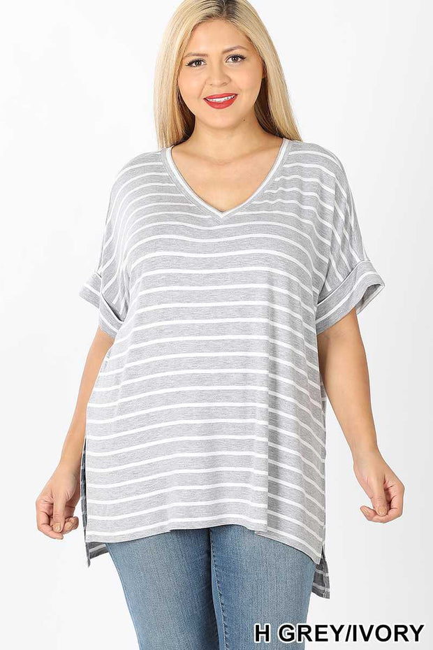 63 PSS-D {Good Energy}  Gray Striped Top Cuffed Sleeves PLUS SIZE XL 2X 3X