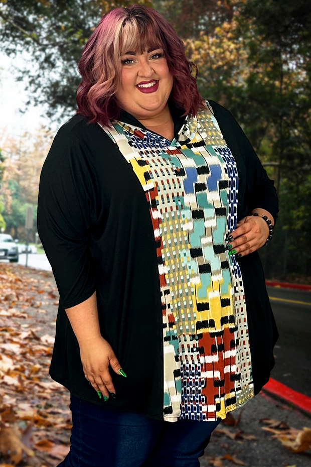 34 HD-N {Rock The Runway} Black/Mulit-Color Print Hoodie CURVY BRAND!!!  EXTENDED PLUS SIZE 4X 5X 6X (May Size Down 1 Size)