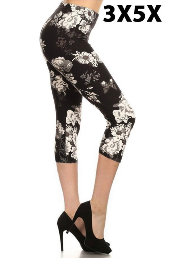 LEG-41 {Greyscale Visions} Grey/White Floral Butter Soft Capri Leggings EXTENDED PLUS SIZE 3X/5X