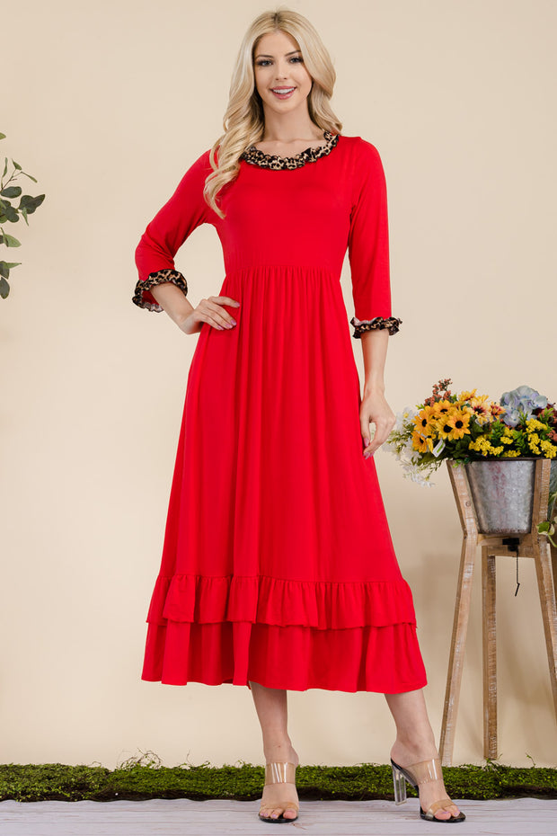 LD-A {Flirty Nature} Red Babydoll Maxi Dress w/Leopard Contrast PLUS SIZE XL 2X 3X
