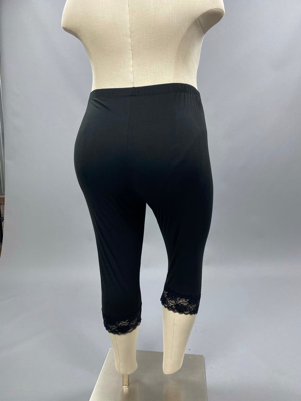 LEG-78 {Paris Mode} Black Lace Hem Capri Leggings CURVY BRAND!!! EXTENDED PLUS SIZE XL 2X 3X 4X 5X 6X (True To Size}
