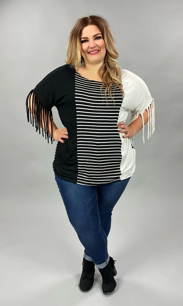 88 CP-A {Leader Of The Pack} Black/Ivory Striped Top W/Fringe PLUS SIZE 1X 2X 3X