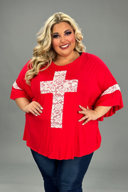 40 SD-V {Mighty Cross} Red/Ivory Lace Cross & Sleeve Detail Top CURVY BRAND!!!  XL 2X 3X 4X 5X 6X (May Size Down 1 Size)