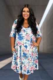 12 PSS-G {Adoring The Garden} Blue/Pink Floral V-Neck Dress  EXTENDED PLUS SIZE 3X 4X 5X