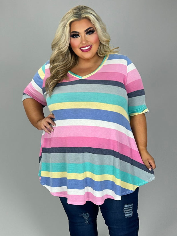 41 PSS {Rainbow Hues} Blue/Multi-Color Striped Top EXTENDED PLUS SIZE 3X 4X 5X