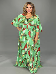 LD-D {Island Escape} Lt Green Palm Printed Lined Dress PLUS SIZE XL 2X 3X
