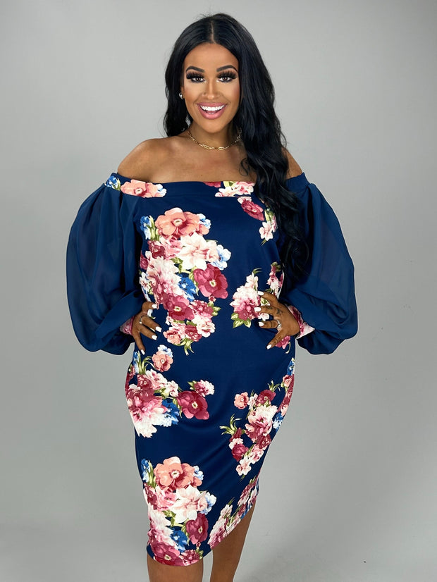 CP-H {Dreamy Thoughts} Navy/Rose Floral Print Dress