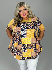 61 PSS {Unstoppable Energy} Extended Plus Yellow/Navy Floral Patchwork Top