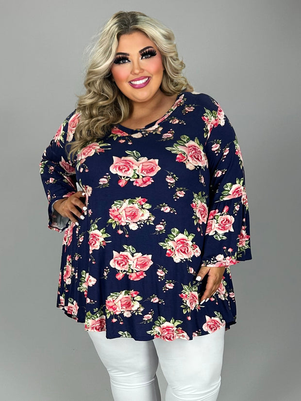 28 PQ {Roses To Pick} Navy/Pink Rose Print V-Neck Top EXTENDED PLUS SIZE 3X 4X 5X