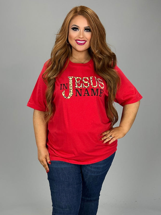 49 GT {In Jesus Name} Red/Leopard Script Graphic Tee PLUS SIZE 1X 2X 3X
