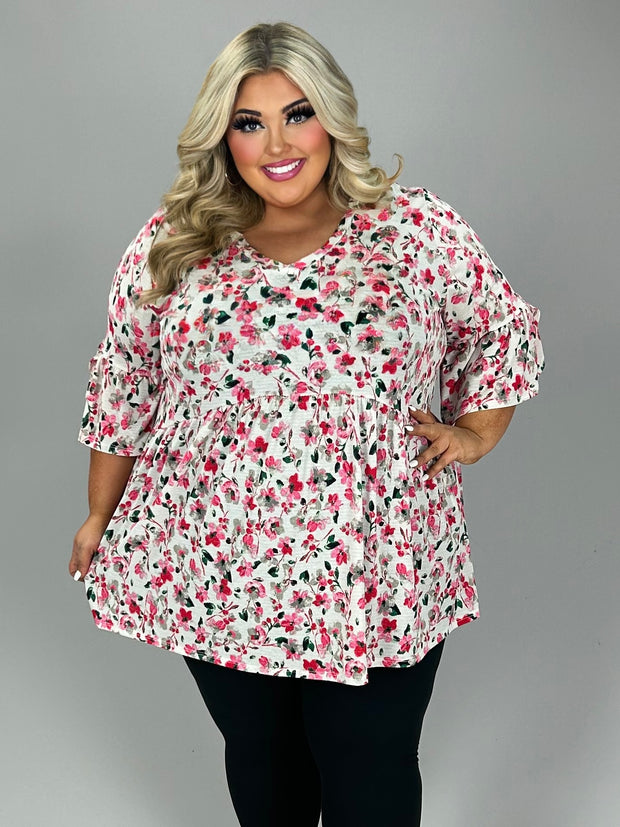 61 PSS {Happy Life} Pink Floral Babydoll V-Neck Tunic EXTENDED PLUS SIZE 3X 4X 5X