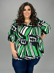 63 PSS {Right On The Dot} Green/Black Print Babydoll Top EXTENDED PLUS SIZE 3X 4X 5X