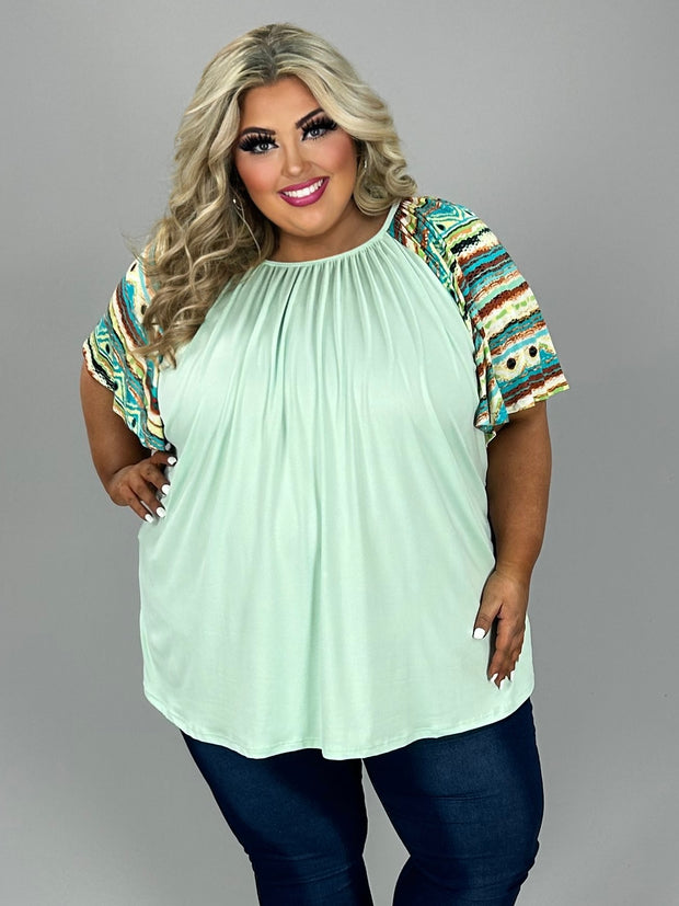 27 CP {Stand Still & Chill} Mint Top w/Multi-Color Print Sleeves EXTENDED PLUS SIZE 4X 5X 6X