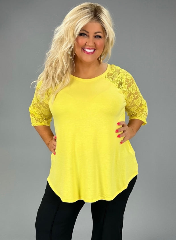 63 CP-B {Take Me To The Top} Yellow Lace Sleeve Top PLUS SIZE 1X 2X 3X