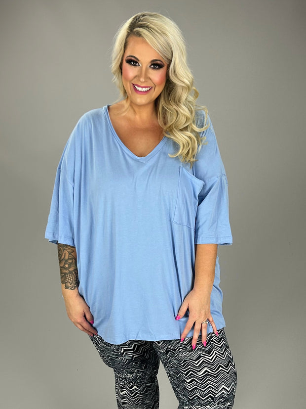 27 SSS {Happy As Can Be} Spring Blue V-Neck Top w/Pocket PLUS SIZE 1X 2X 3X