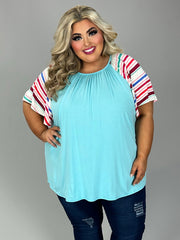 23 CP {Single And Sweet} Sky Blue Top w/ Stripe Print Sleeve EXTENDED PLUS SIZE 4X 5X 6X