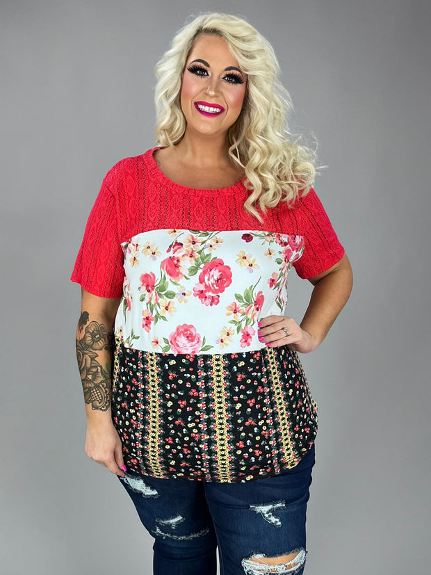 24 CP-O {Peaceful Times} Red Floral Mix Lace Top PLUS SIZE XL 2X 3X
