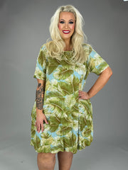 89 PSS-A {Hidden In Leaves} Olive Leaf Print Dress PLUS SIZES 1X 2X 3X