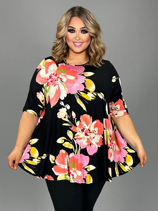 60 PSS {Here Is Love} Black Coral Large Floral Print Top EXTENDED PLUS SIZE XL 2X 3X 4X 5X 6X