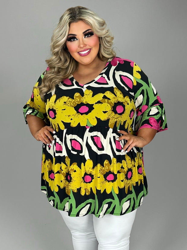 51 PQ {Outlined In Flowers} Black/Fuchsia Floral Babydoll Top EXTENDED PLUS SIZE 3X 4X 5X