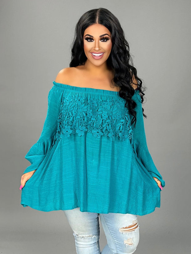 SQ-T {Blooming Love} Teal Top with Crochet Lace Detail