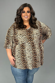 96 PSS {String You Along} Brown Leopard V-Neck Babydoll Top EXTENDED PLUS SIZE 3X 4X 5X