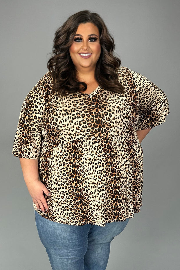 96 PSS {String You Along} Brown Leopard V-Neck Babydoll Top EXTENDED PLUS SIZE 3X 4X 5X