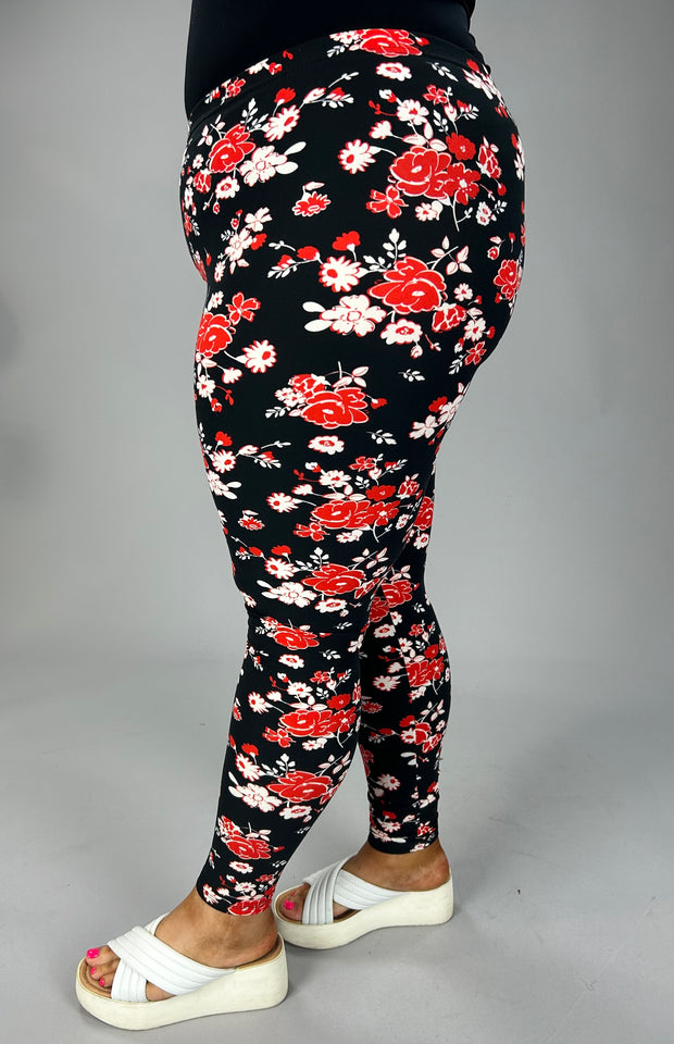 LEG-R {Fun Days} Black Leggings with Red & White Floral Print PLUS SIZE