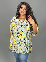 63 PSS {Go Getter Attitude} Mint/Lime Floral V-Neck Top EXTENDED PLUS SIZE 3X 4X 5X