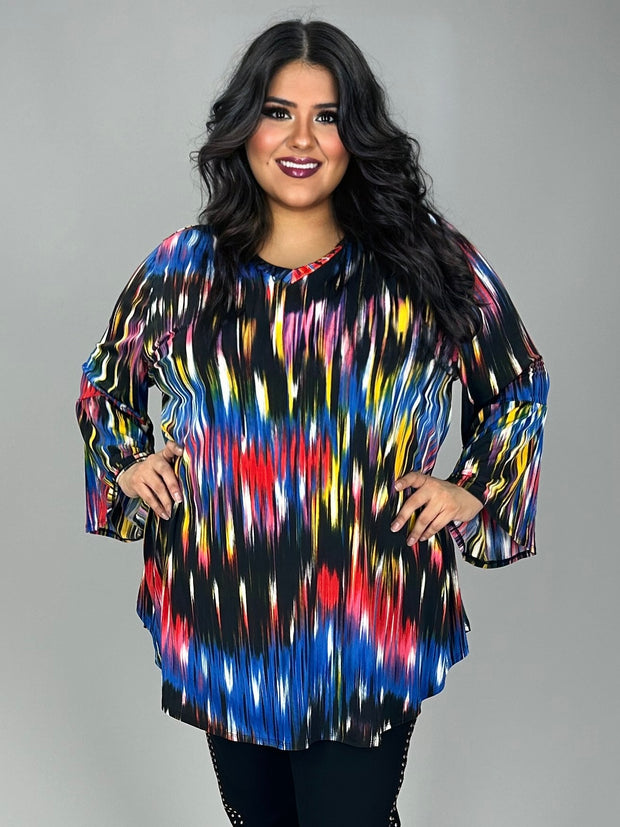 63 PQ-P {Blurry Pixels} Red Blue Printed Bell Sleeve Top EXTENDED PLUS SIZE 3X 4X 5X