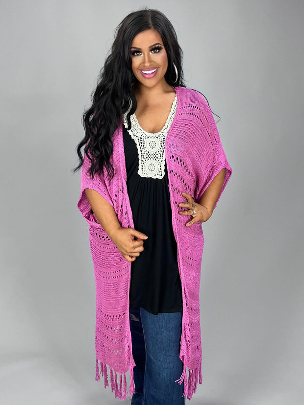 OT-B {Mimosa Lane} Lt. Orchid Cardigan with Fringe Detail With Back Lace Insert PLUS SIZE 1X 2X 3X