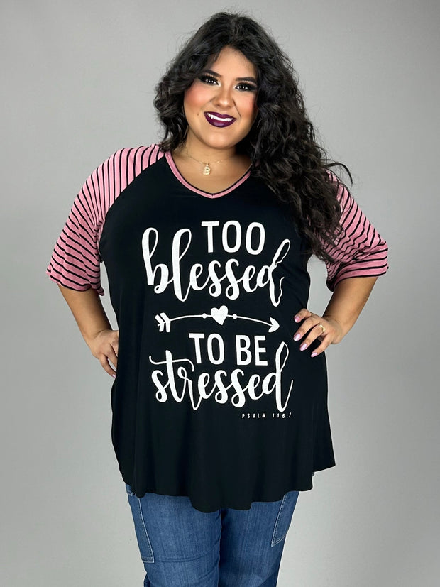 26 GT {Too Blessed} Black/Mauve Stripe Graphic Tee CURVY BRAND!!!  EXTENDED PLUS SIZE XL 2X 3X 4X 5X 6X (May Size Down 1 Size)