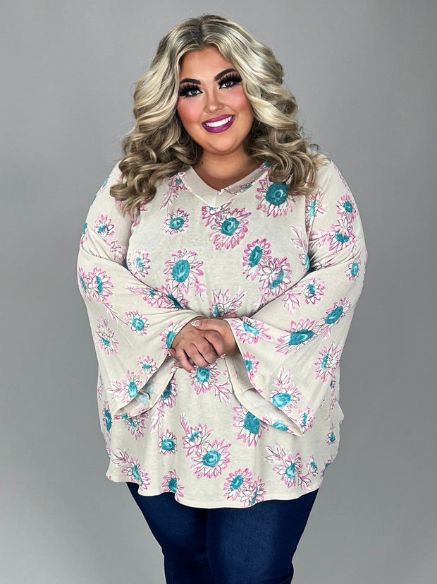 90 PSS-C {Following The Flower} Taupe Floral Print Top EXTENDED  PLUS SIZE 4X 5X 6X