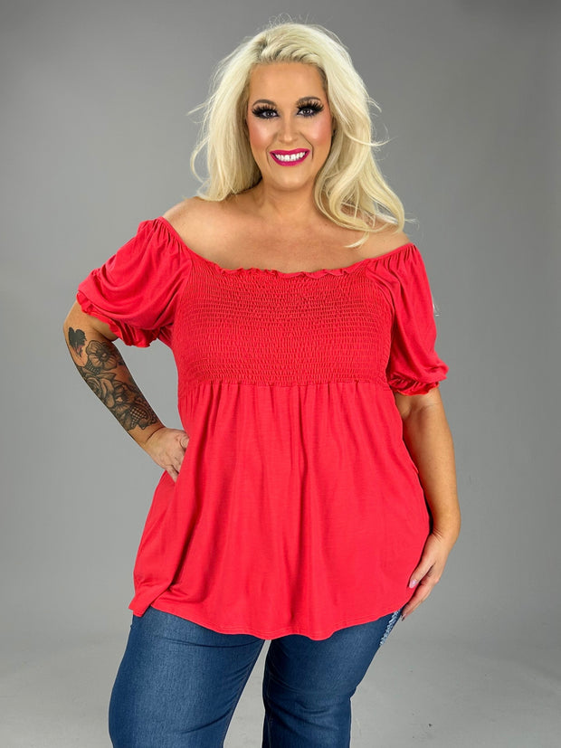 20 SSS-A {Mercy For Me} Dk Coral Smocked Babydoll Top PLUS SIZE XL 2X 3X