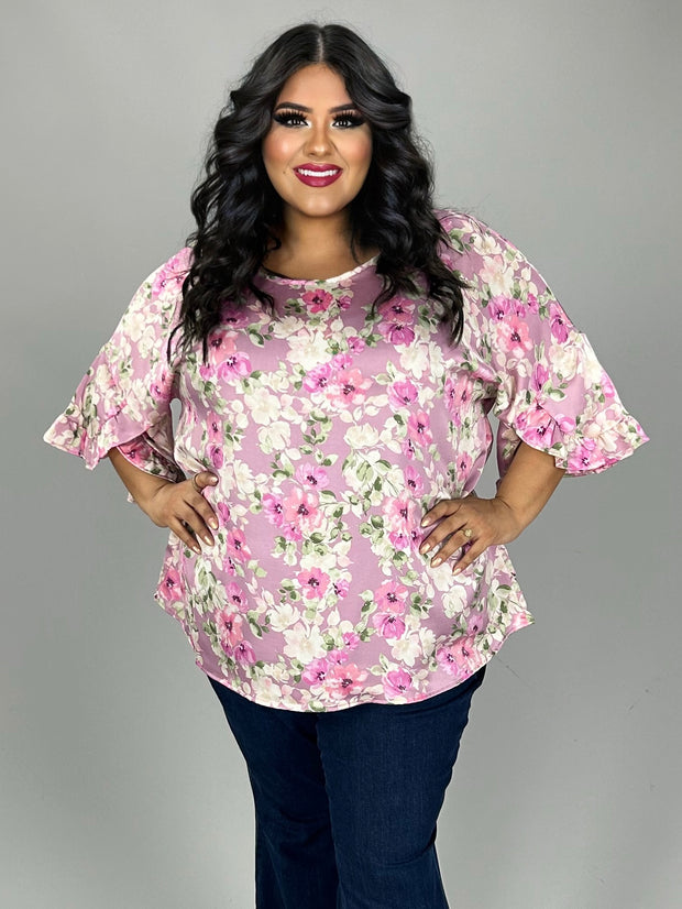 34 PQ {Unmatched Beauty} Pink Floral Ruffle Sleeve Top PLUS SIZE 1X 2X 3X