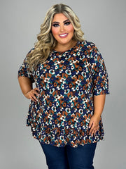 23 PSS {Betting On You} Navy/Brown Print Ruffle Hem Top EXTENDED PLUS SIZE 4X 5X 6X