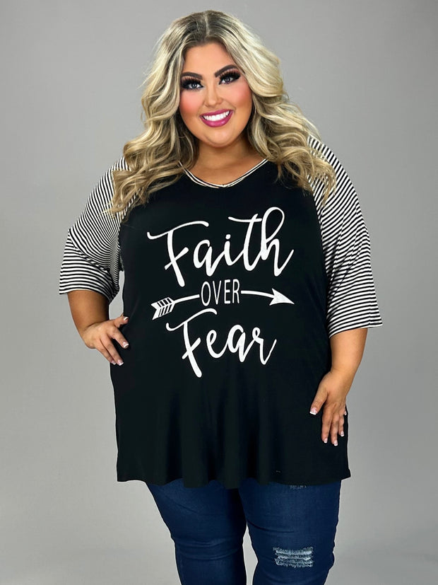 26 GT {Choose "Faith Over Fear"} Black/White Stripe Graphic Tee  CURVY BRAND!!!  EXTENDED PLUS SIZE XL 2X 3X 4X 5X 6X (May Size Down 1 Size}
