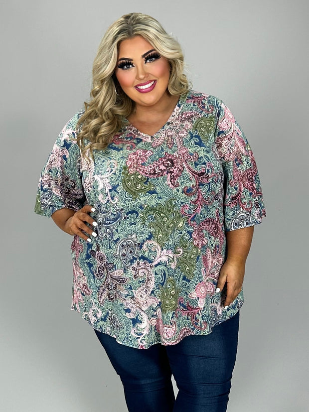 50 PSS {Focus On Friendship} Blue/Pink Paisley V-Neck Top EXTENDED PLUS SIZE 4X 5X 6X