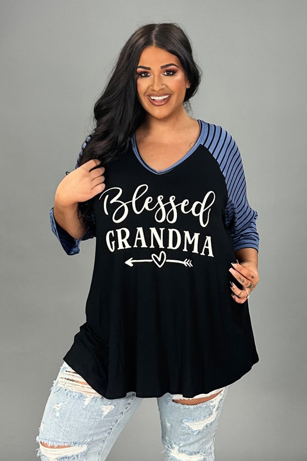 29 GT {Blessed Grandma} Black/Blue Stripe Graphic Tee CURVY BRAND!!!  EXTENDED PLUS SIZE XL 2X 3X 4X 5X 6X {May Size Down 1 Size}
