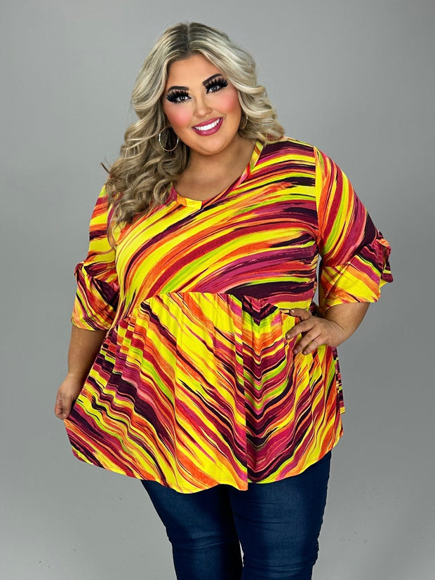 52 PQ-A {Hotter Than The Sun} Yellow Print V-Neck Babydoll Top EXTENDED PLUS SIZE 3X 4X 5X