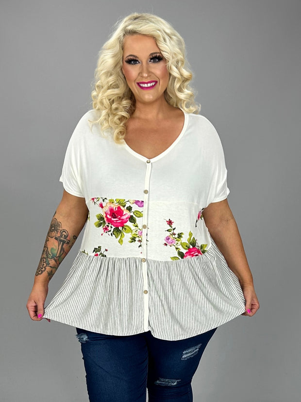 51 CP {Call On me} Ivory Floral Stripe V-Neck Top PLUS SIZE 1X 2X 3X