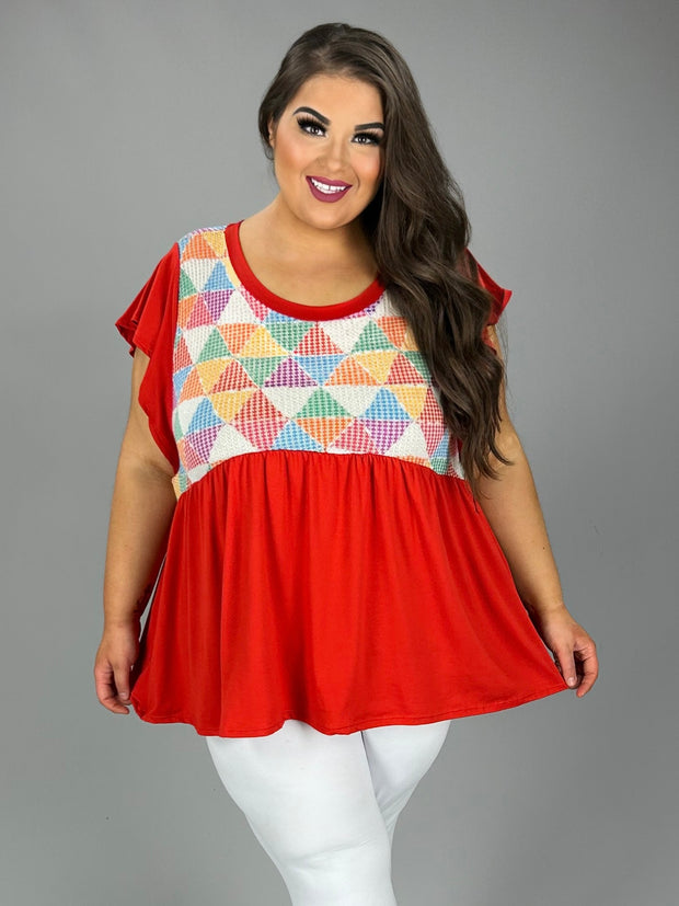 34 CP-Y {Too Hot To Handle} Red Print Babydoll Top PLUS SIZE XL 2X 3X