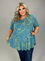 48 PSS {Swapping Stories} Teal/Lime Floral Print V-Neck Top EXTENDED PLUS SIZE 3X 4X 5X