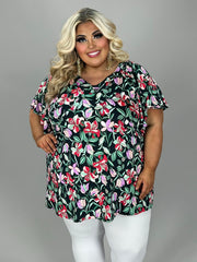 100 PSS {Moonlit Blooms} Black Floral V-Neck Top EXTENDED PLUS SIZE XL 2X 3X 4X  TRUE TO SIZE XL 2X 3X 4X