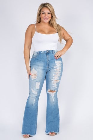 BT-99 {The Map} Med. Blue Distressed Flare Jeans PLUS SIZE 1X 2X 3X