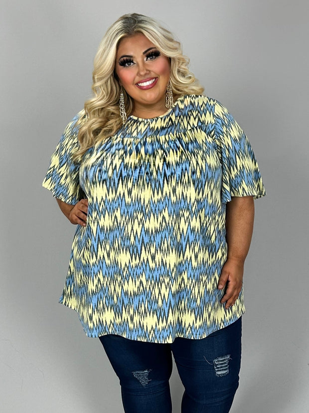 30 PSS {Positive Influence} Yellow/Blue Zig-Zag Print Top EXTENDED PLUS SIZE 4X 5X 6X  (Size Up 1 Size)