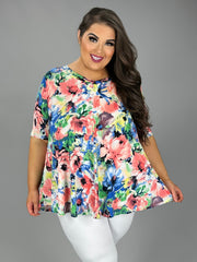 32 PSS {Fresh Blooms} Blue/Multi-Color Floral V-Neck Top EXTENDED PLUS SIZE 3X 4X 5X