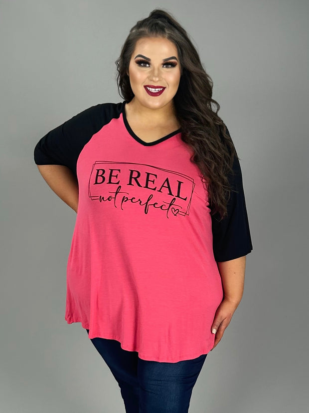 53 GT {Be Real Not Perfect} Coral Pink Black Graphic Tee CURVY BRAND!!!  EXTENDED PLUS SIZE 1X 2X 3X 4X 5X 6X