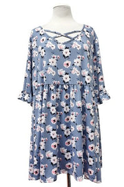 100 PSS {Natural Beauty} Dusty Blue Floral Cross Neck Top EXTENDED PLUS SIZE 3X 4X 5X