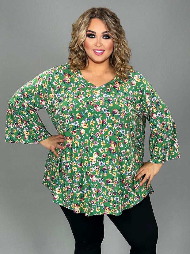 34 PQ-D {Charm And Fun} Green Floral V-Neck Top EXTENDED PLUS SIZE 3X 4X 5X
